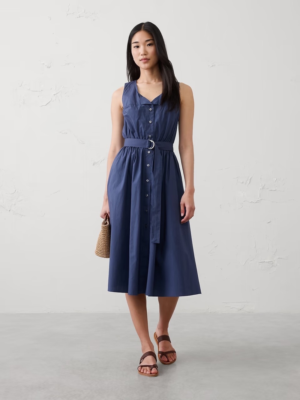 Banana Republic Navy Button-Front Belted Midi Dress